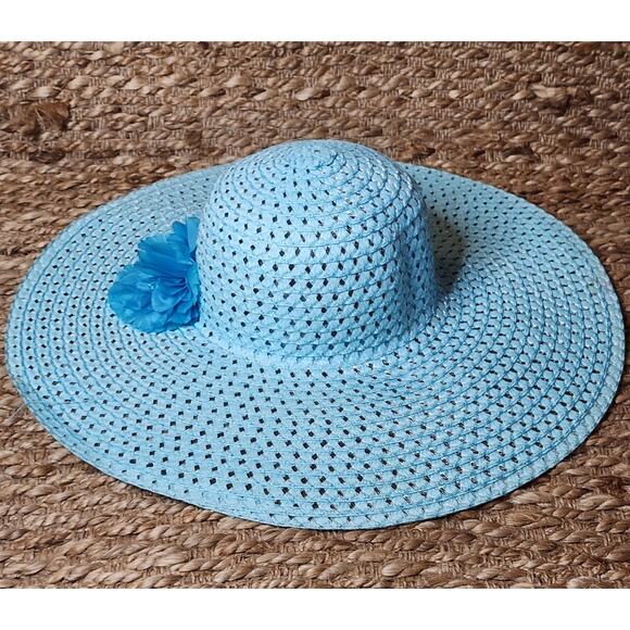 Wide Brim Sky Blue Derby Cap Floppy Foldable Summer Beach Sun Travel Straw Hat - Picture 1 of 9